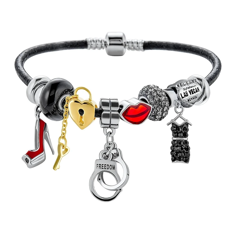 Bling Jewelry Handcuff Themed Multi Charm Heart Charm Bracelet Black Leather Sterling Silver 6.5-8