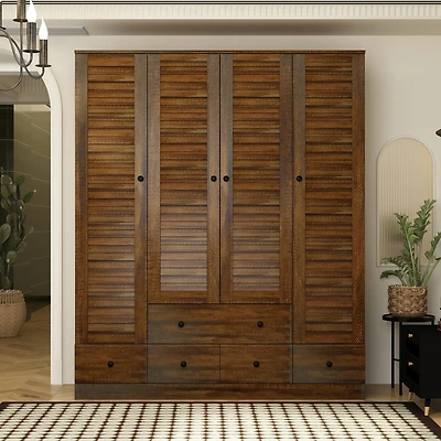 Homsee Brown Wood 4 Shutter Doors Armoires Wardrobe with Drawers, Hanging Rod