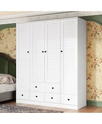 Homsee Brown Wood 4 Shutter Doors Armoires Wardrobe with Drawers, Hanging Rod