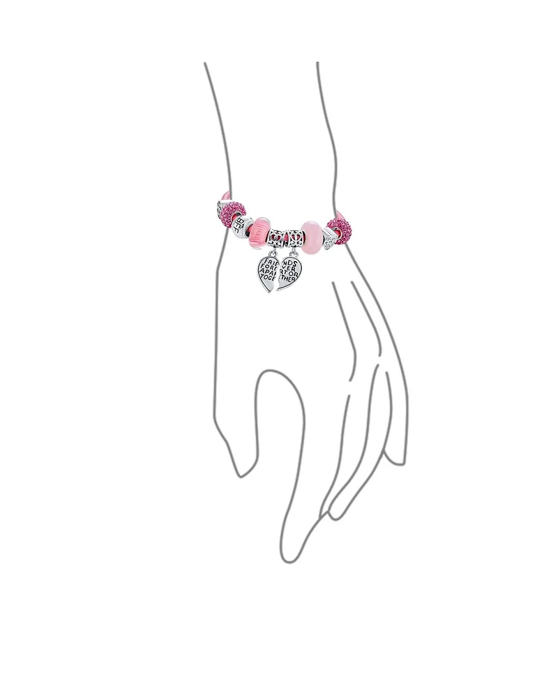 Bling Jewelry 2 Piece Bead Best Friend Sorority Sister Bff Split Heart Theme Multi Charm Bracelet Pink Leather For Women .925 Sterling Silver European
