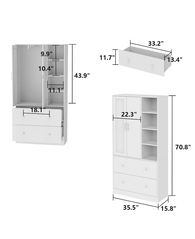 Famapy White Wood Armoires Wardrobe With Mirror, Pulling Hanging Rod, Drawers