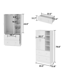 Famapy White Wood Armoires Wardrobe With Mirror, Pulling Hanging Rod, Drawers