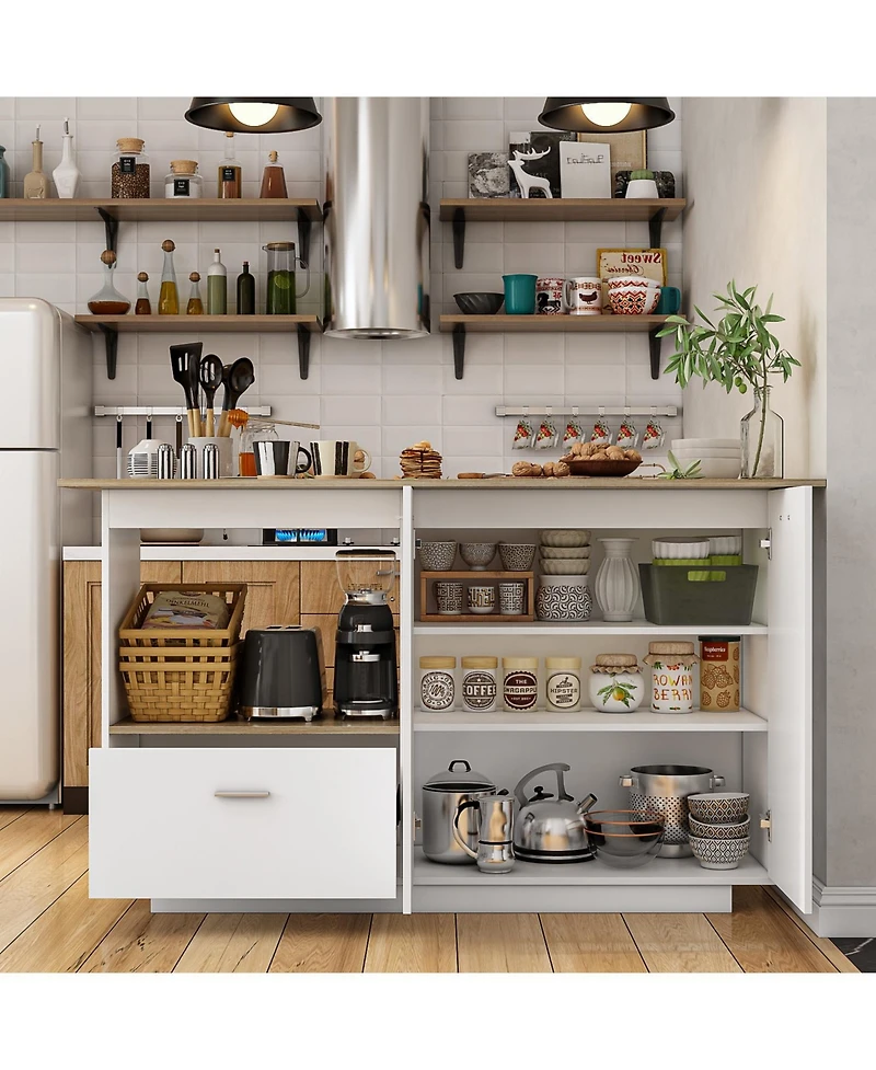 Kitchen island with 2 doors, 1 drawer, island storage table with dining table, coffee station and microwave rack for home and dining room, white