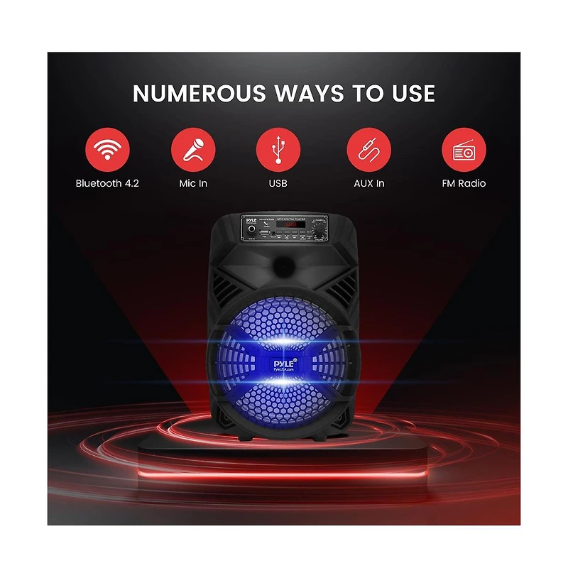 Pyle 8” Bluetooth Portable Pa Speaker With Rechargeable Battery, Party Lights & Fm Radio, 300 Watt