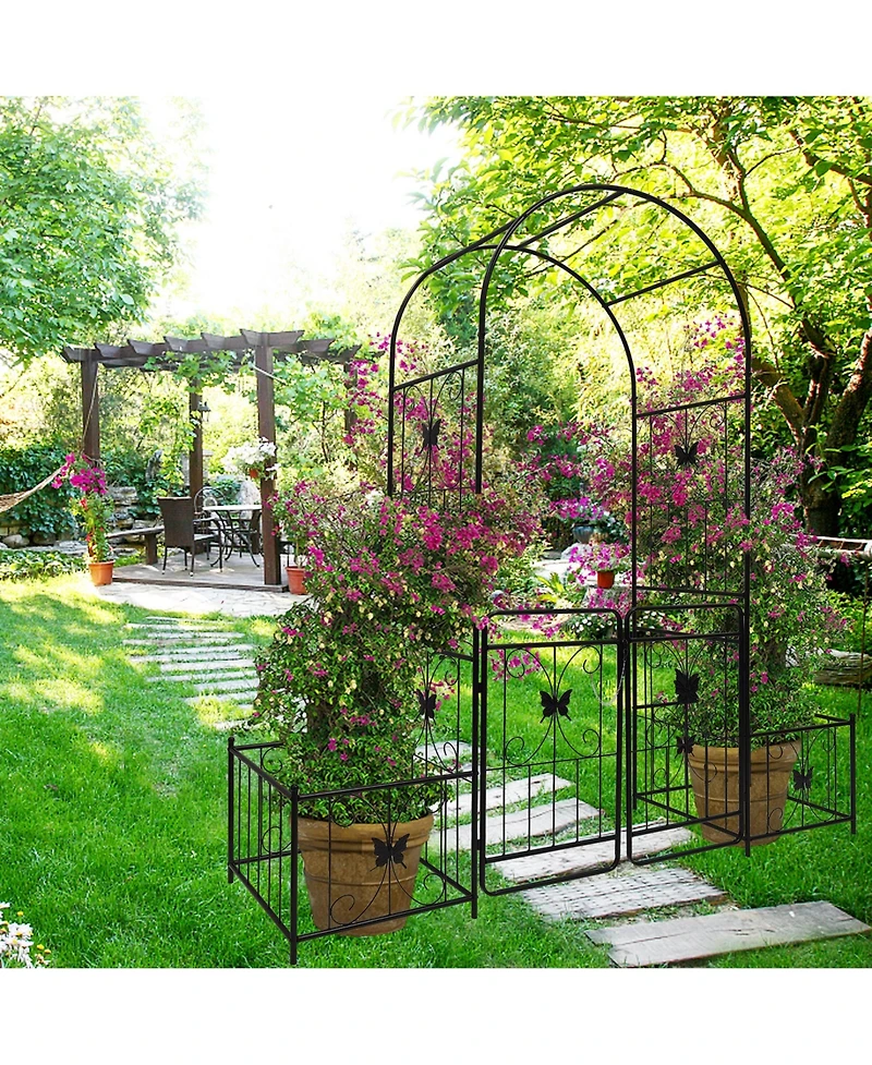 Slickblue Metal Garden Arch with Gate – 79.5'' Wide x 86.6'' High, Black Climbing Plants Support, Rose Arch for Outdoor Use