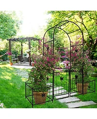 Slickblue Metal Garden Arch with Gate – 79.5'' Wide x 86.6'' High, Black Climbing Plants Support, Rose Arch for Outdoor Use
