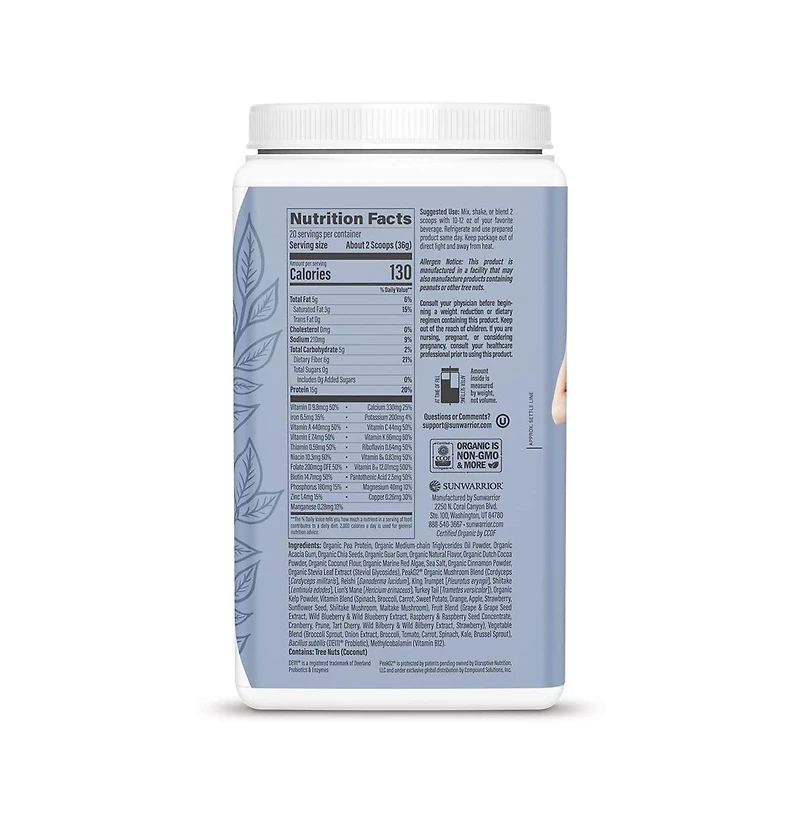 Sunwarrior Lean Meal, Protein Superfood Shake Meal Replacement Organic Protein Supplement, Chocolate Flavor, 720gm