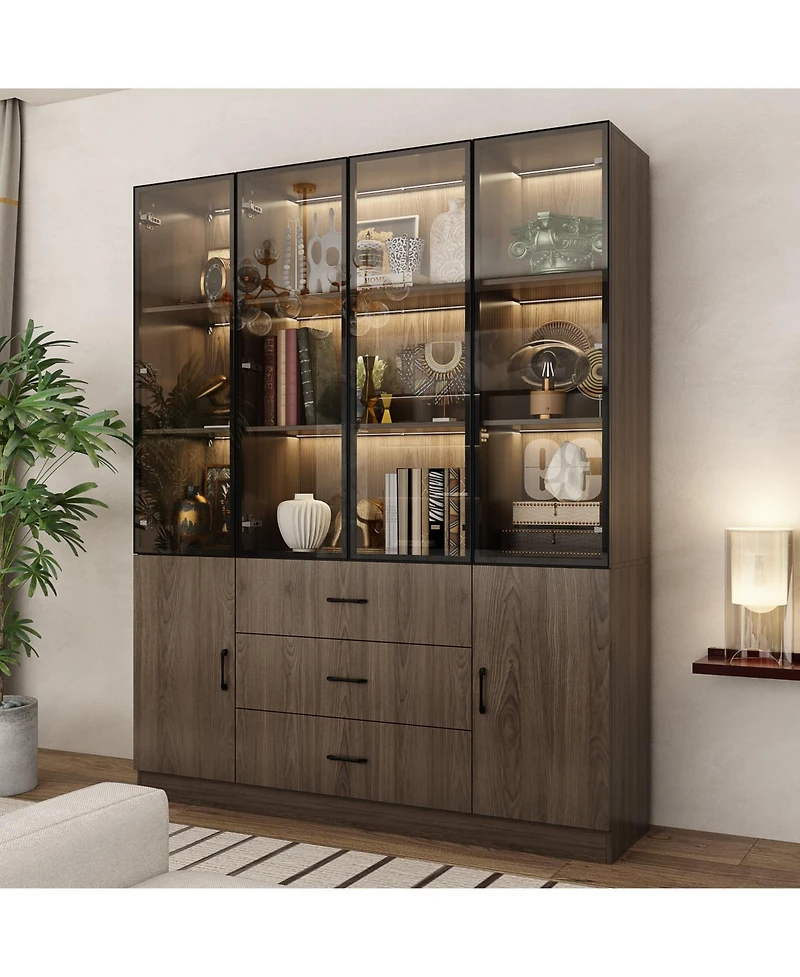 Famapy Brown Wood 13-Shelf Standard Bookcase with Pop up Glass Doors