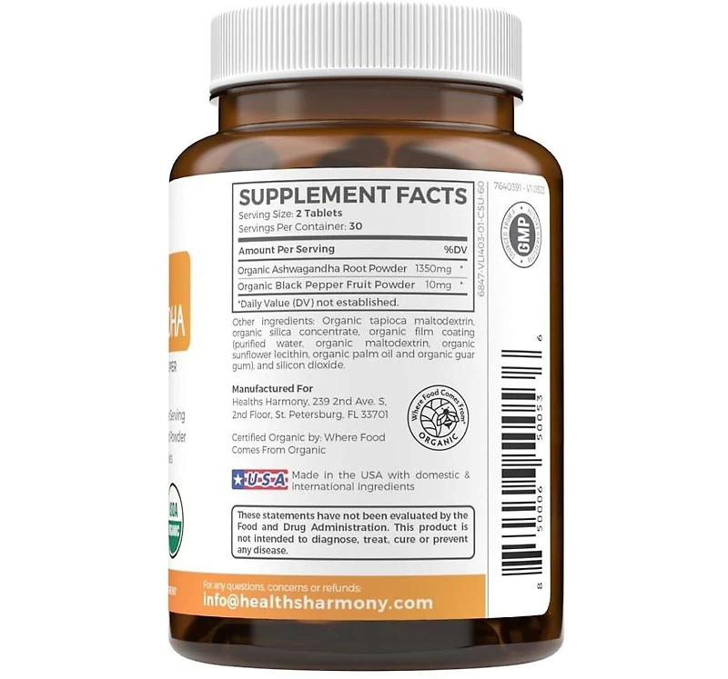 Healths Harmony Usda Organic Ashwagandha Tablets, 1350mg Ashwaganda Root Powder, Natural Adrenal Support, Cortisol, Thyroid & Immune Support, Health's