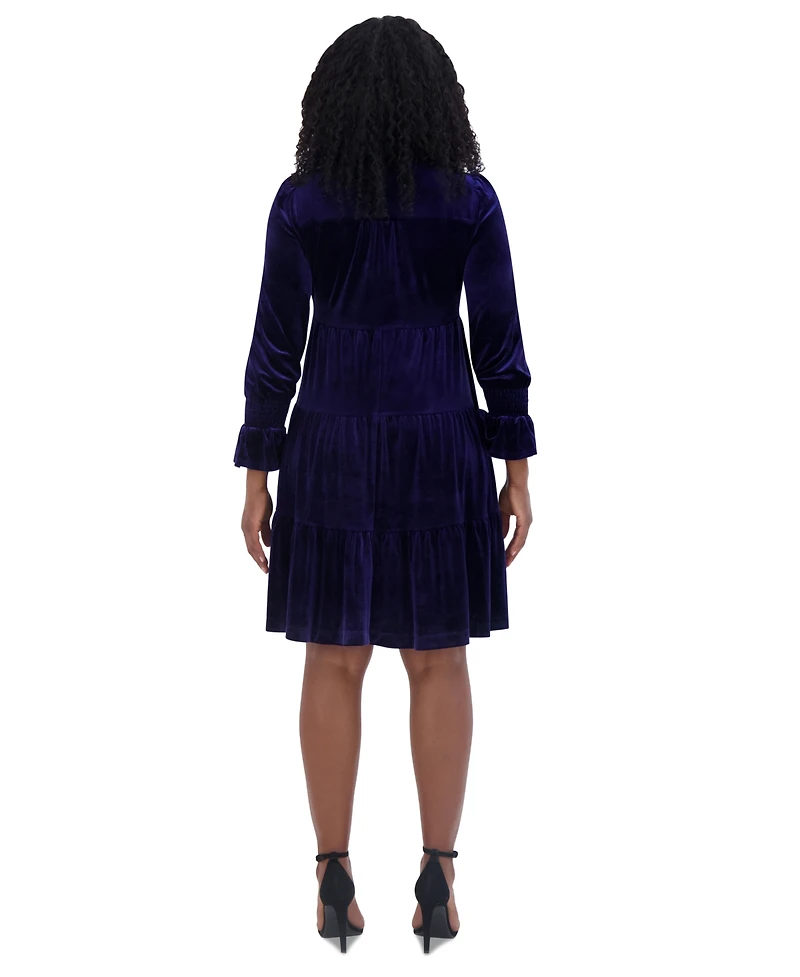 Jessica Howard Women's Velvet Smocked-Sleeve Flounce-Hem Dress