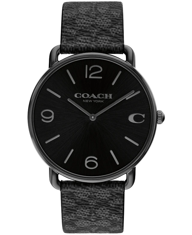 Shop Coach Men's Elliot Signature Charcoal Leather Strap Watch