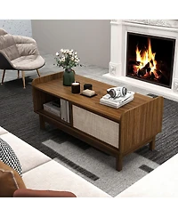 Gymax Rectangular Coffee Table w/ Storage Weaving Sliding Door & Adjustable Shelf