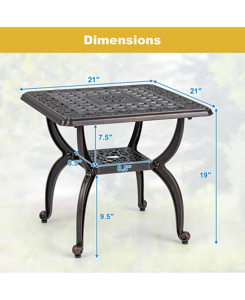 Gymax 21'' Cast Aluminum Outdoor Side Table Patio Square Coffee Table w/ Storage Shelf