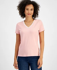 Nautica Jeans Women's Solid Stripe-Trim V-Neck