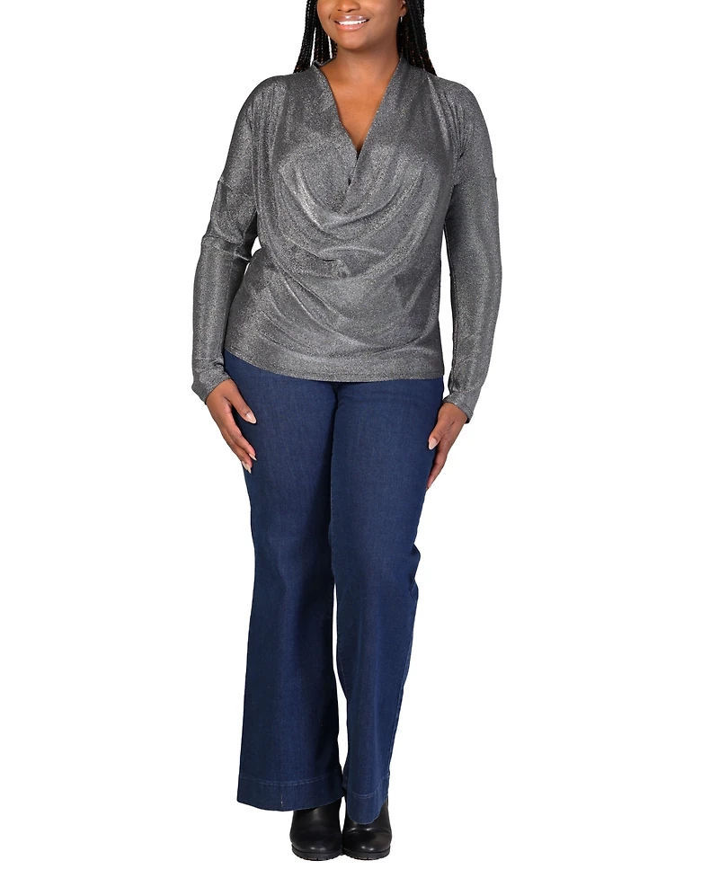 24seven Comfort Apparel Plus Size Cowl Neck Long Sleeve Shimmery Top