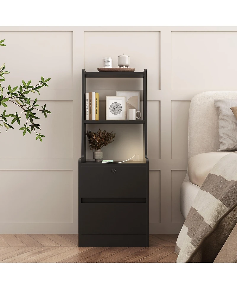 Slickblue Modern Nightstand with Charging Station, Night Light, Bookshelf & Storage Cabinet – Black