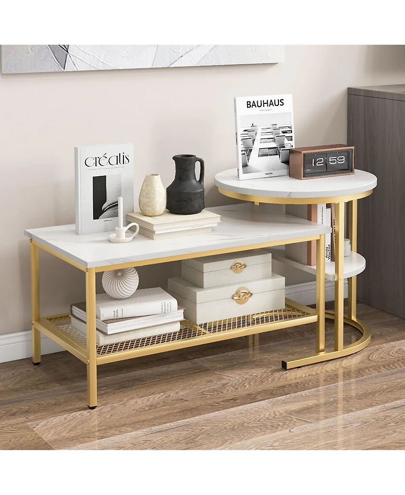 Gymax Nesting Coffee Table Set of 2 Faux Marble Top Detachable w/ Storage Shelf Gold