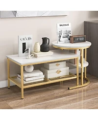 Gymax Nesting Coffee Table Set of 2 Faux Marble Top Detachable w/ Storage Shelf Gold