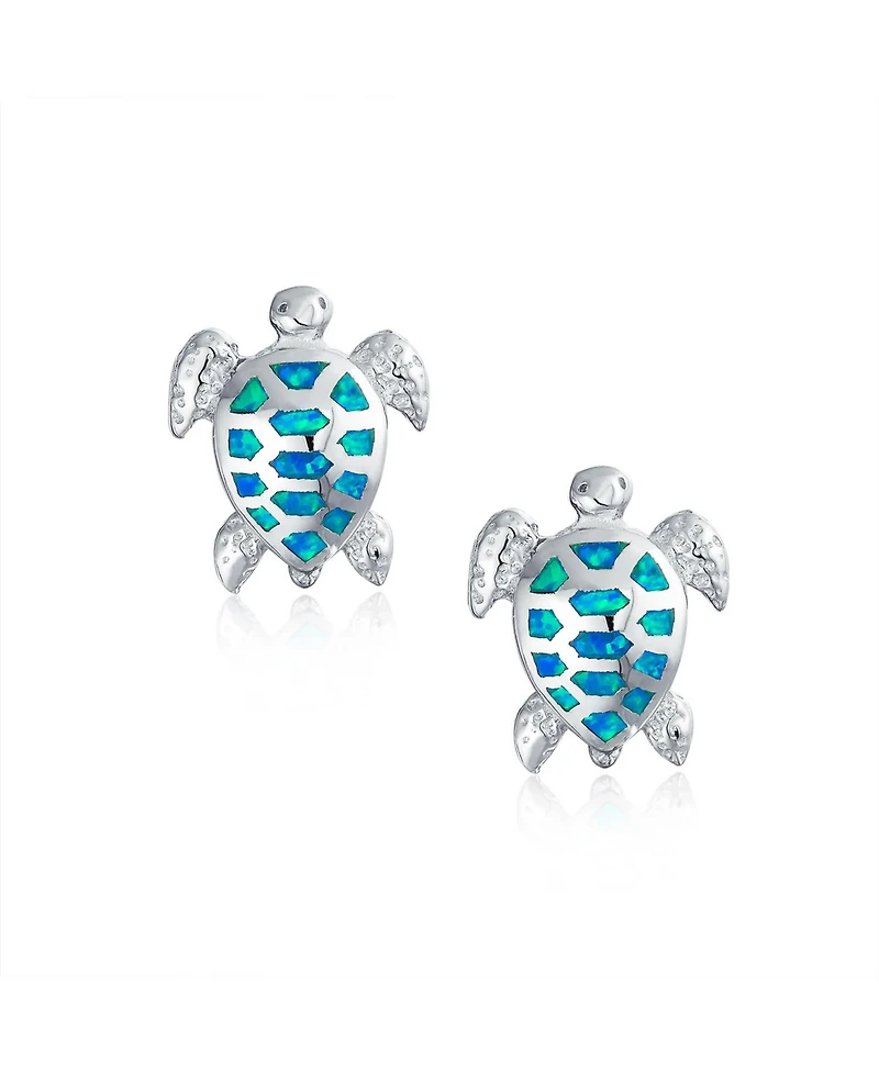 Bling Jewelry Nautical Beach Vacation Iridescent Created Opal Inlay Sea Tortoise Turtle Stud Earrings Sterling Silver 13MM