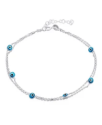 Bling Jewelry Protection Amulet Minimalist Delicate Double Row Aqua Blue Multi Color Evil Eye Anklet Ankle Bracelet .925 Sterling Silver 8.5-9.5 Inch
