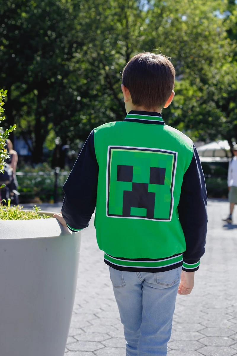 Minecraft Boys Creeper French Terry Zip Up Varsity Bomber Jacket