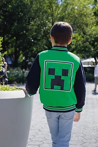 Minecraft Boys Creeper French Terry Zip Up Varsity Bomber Jacket