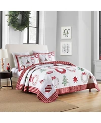 MarCielo 3 Pcs Winter Red Candy Christmas Quilt Bedspread Set Queen
