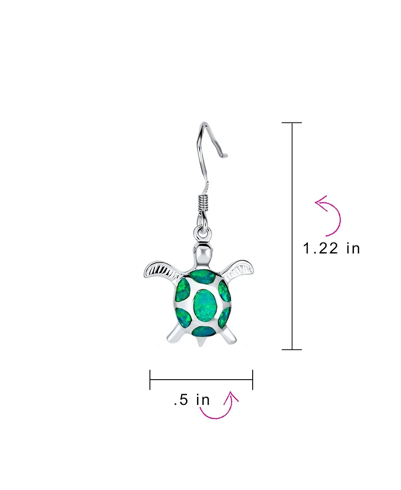 Bling Jewelry Nautical Aquatic Tropical Beach Vacation Iridescent Green Created Opal Inlay Sea Tortoise Turtle Dangle Drop Earrings .925 Sterling Silv