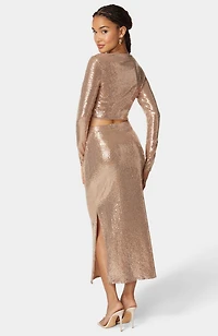 Bebe Women's 2 Piece Long Sleeve Disco Dot with Midi Skirt