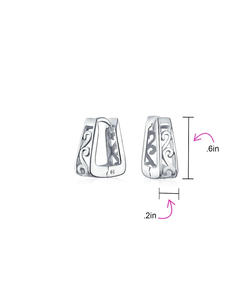 Bling Jewelry Square Pyramid Shaped Scroll Swirl Filigree Kpop Huggie Earrings Hoop Gold Plated Sterling Silver