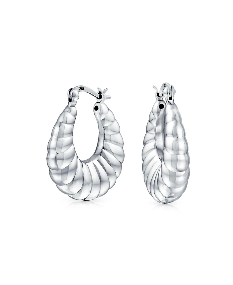 Bling Jewelry Lightweight Slender Hollow Puff Ribbed Scalloped Style Oval Tube Hoop Earrings .925 Sterling Silver 1 Inch