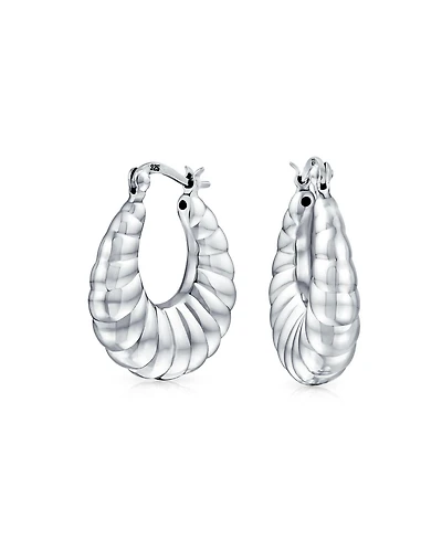 Bling Jewelry Lightweight Slender Hollow Puff Ribbed Scalloped Style Oval Tube Hoop Earrings .925 Sterling Silver 1 Inch