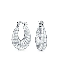 Bling Jewelry Lightweight Slender Hollow Puff Ribbed Scalloped Style Oval Tube Hoop Earrings .925 Sterling Silver 1 Inch