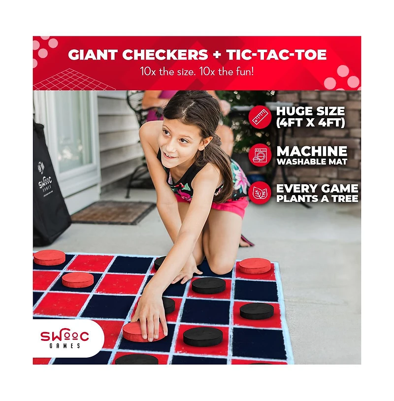 2-in-1 Vintage Giant Checkers and Tic Tac Toe Game With Mat (4 ft. x 4 ft.) - 100% Machine-Washable Canvas - Giant Games