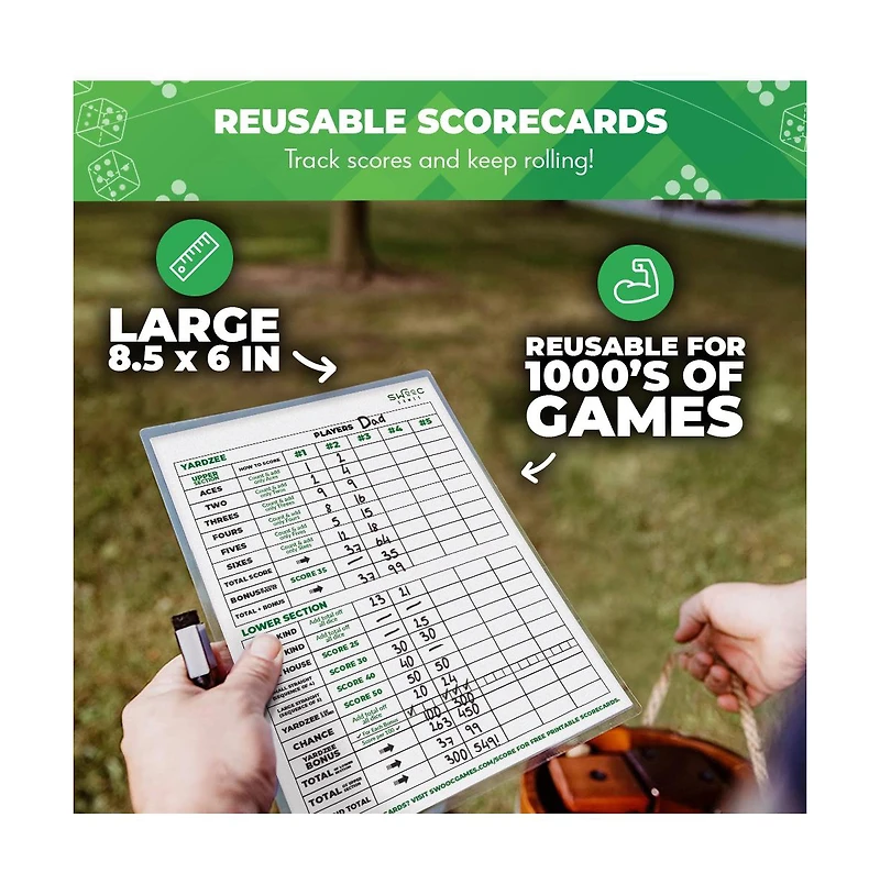 Swooc Games - Yardzee, Farkle, & 20+ Games | Giant Yard Dice Set (All Weather) with Wooden Bucket, 5 Big Laminated Scorecards & Marker