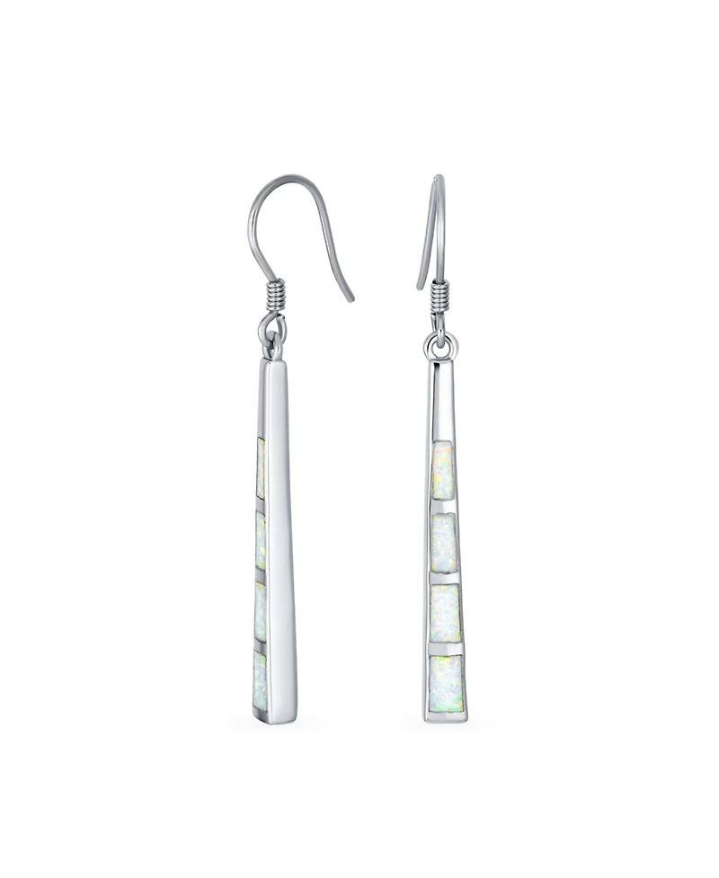 Bling Jewelry Boho Long Linear Iridescent Rainbow White Created Opal Teardrop Bar Shaped Dangle Earrings Rose Gold .925 Sterling Silver