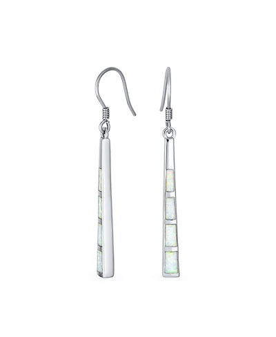 Bling Jewelry Boho Long Linear Iridescent Rainbow White Created Opal Teardrop Bar Shaped Dangle Earrings Rose Gold .925 Sterling Silver