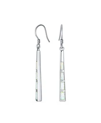 Bling Jewelry Boho Long Linear Iridescent Rainbow White Created Opal Teardrop Bar Shaped Dangle Earrings Rose Gold .925 Sterling Silver