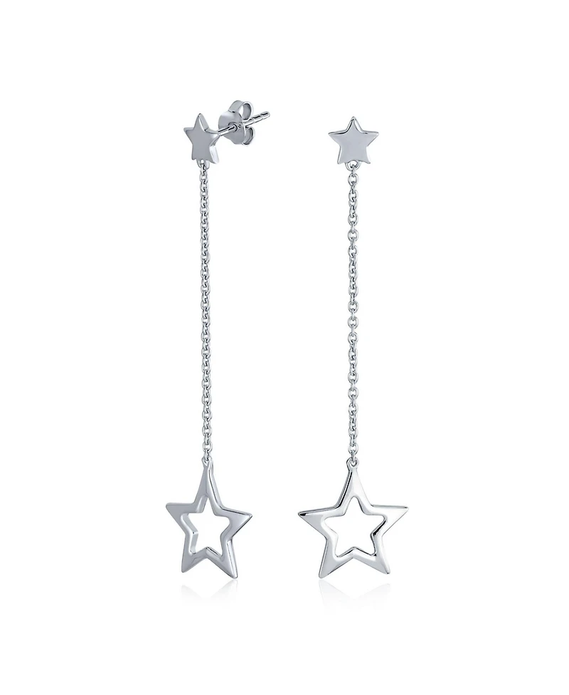 Bling Jewelry Celestial American Patriotic Usa Rock Star Chain Long Linear Dangle Open Star Earrings .925 Sterling Silver 2.5 Inch