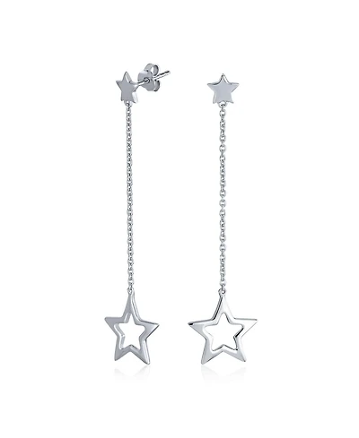 Bling Jewelry Celestial American Patriotic Usa Rock Star Chain Long Linear Dangle Open Star Earrings .925 Sterling Silver 2.5 Inch