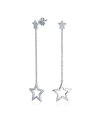 Bling Jewelry Celestial American Patriotic Usa Rock Star Chain Long Linear Dangle Open Star Earrings .925 Sterling Silver 2.5 Inch