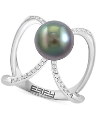 Effy Cultured Tahitian Pearl (9mm) & Diamond (1/10 ct. t.w.) Openwork Statement Ring in 14k White Gold