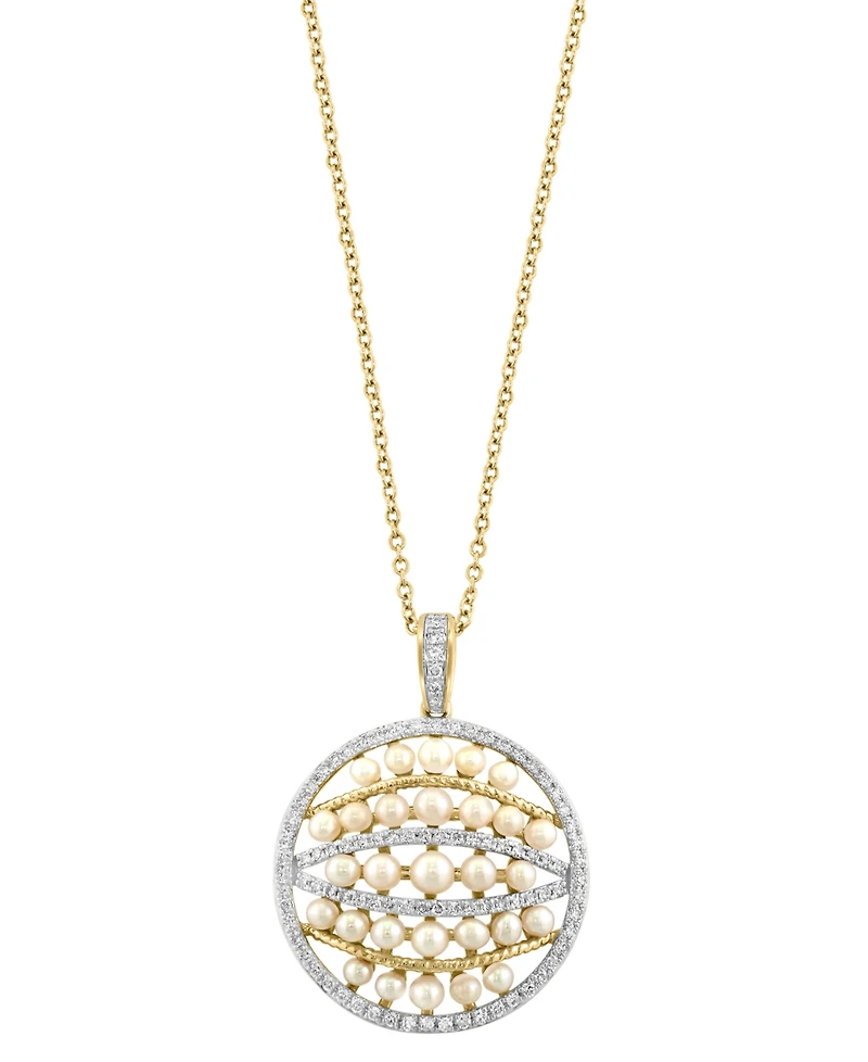 Effy Cultured Freshwater Pearl (2-3mm) & Diamond (1/3 ct. t.w.) Multirow Circle Cluster 18" Pendant Necklace in 14k Gold