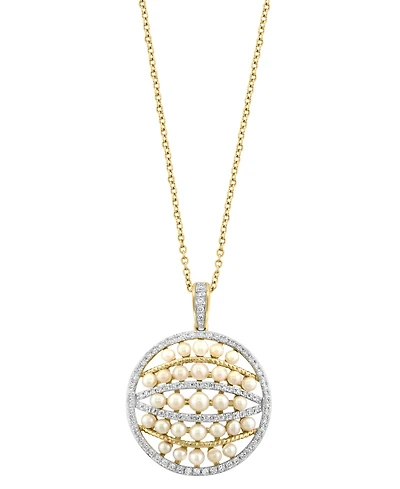 Effy Cultured Freshwater Pearl (2-3mm) & Diamond (1/3 ct. t.w.) Multirow Circle Cluster 18" Pendant Necklace in 14k Gold