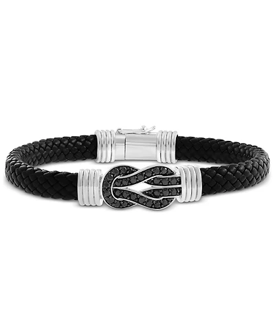 Effy Men's Black Spinel Infinity Loop Woven Leather Bracelet (1-5/8 ct. t.w.) in Sterling Silver