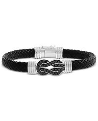 Effy Men's Black Spinel Infinity Loop Woven Leather Bracelet (1-5/8 ct. t.w.) in Sterling Silver