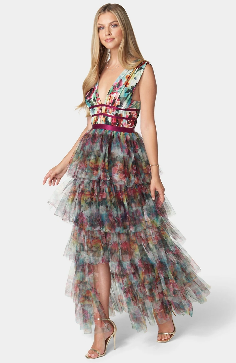 Bebe Women's Tiered High Low Gown