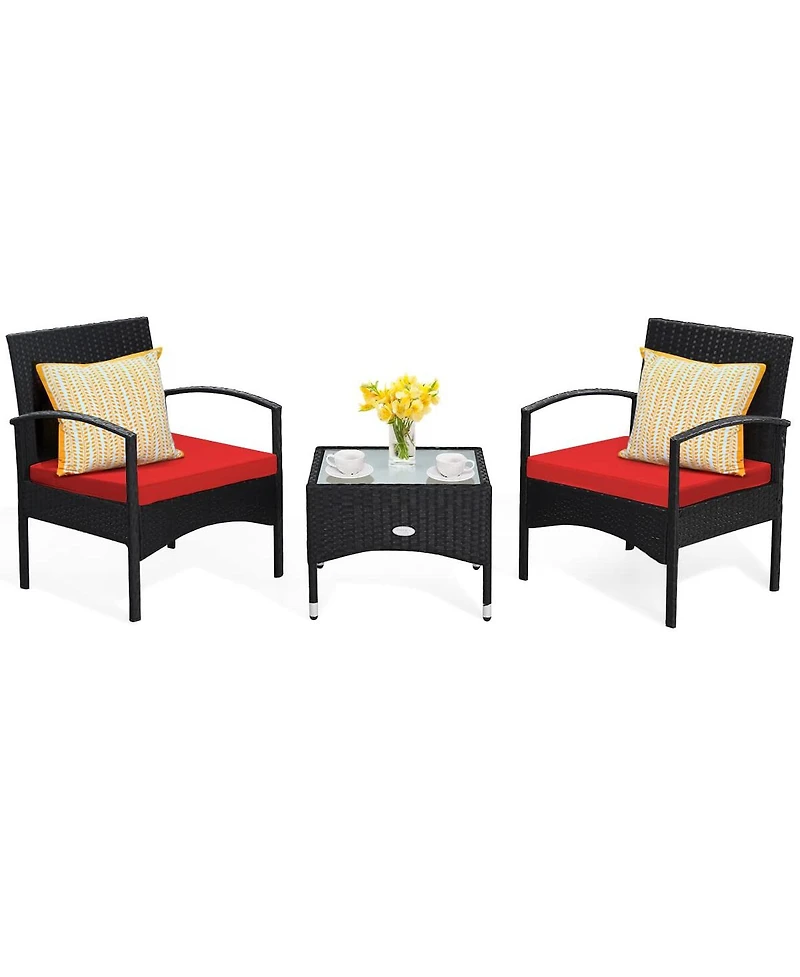 Sugift 3 Pieces Patio Wicker Rattan Furniture Set with Cushion for Lawn Backyard