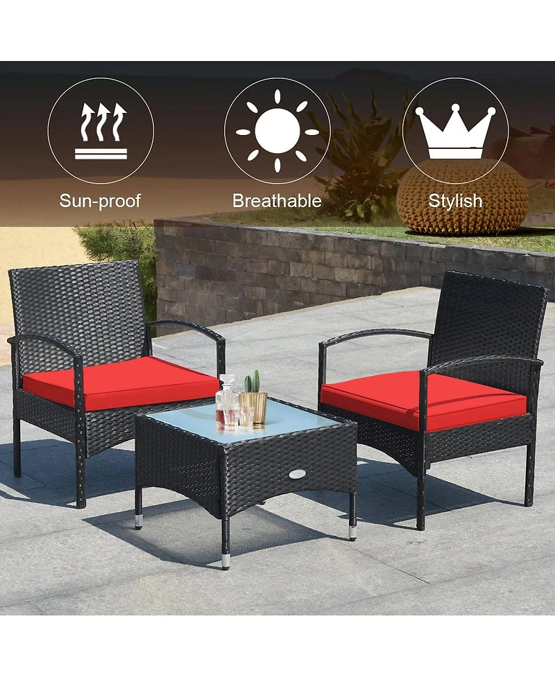 Sugift 3 Pieces Patio Wicker Rattan Furniture Set with Cushion for Lawn Backyard