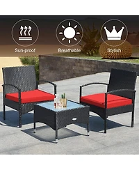 Sugift 3 Pieces Patio Wicker Rattan Furniture Set with Cushion for Lawn Backyard